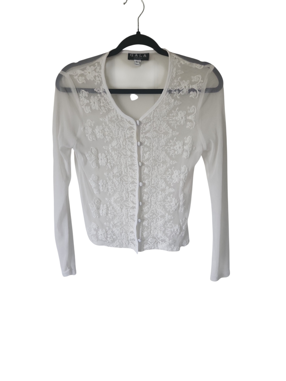 GALA Collection Vintage Style White Lace-Embroidered Mesh Button Down Top Size L